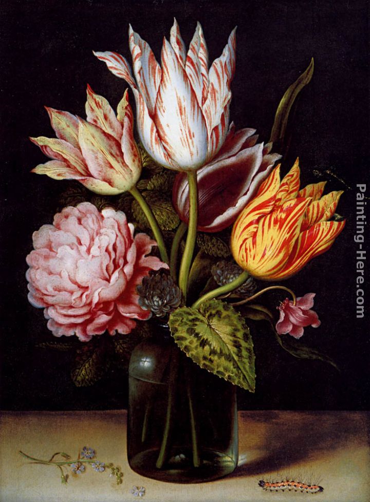 A Still Life With A Bouquet Of Tulips, A Rose, Clover And A Cylclamen In A Green Glass Bottle painting - Ambrosius Bosschaert the Elder A Still Life With A Bouquet Of Tulips, A Rose, Clover And A Cylclamen In A Green Glass Bottle art painting